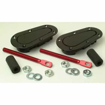Set of universal Racing Plus Flush Bonnet hooks / pins - black + red aluminum pins