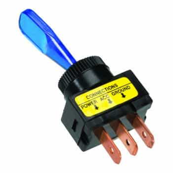 rocker switch blue, with light bulb on-off 12v, 20a 3 tab contacts installation dimensions ø13 mm